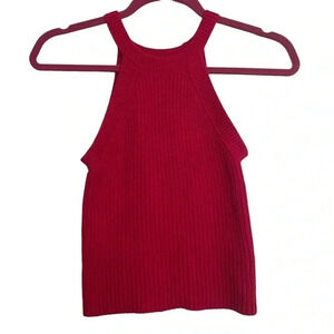 Red Knit Crop Halter Top